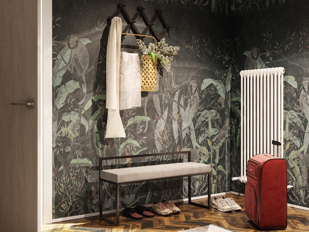 minimalistyczna nowoczesna ławka tapierowana w przedpokoju z tapetą
